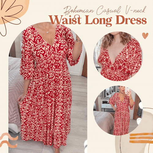 JanyDress - LAST DAY SALE 80% OFF - Bohemian casual print V-neck shirred waist long dress