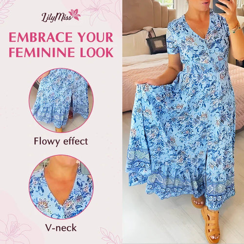 LilyMiss - Floral casual print V-neck shirred waist long dress