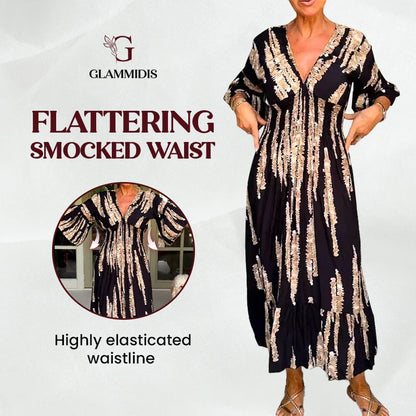 GlamMidis - Abstract-print V-neck Midi Dress