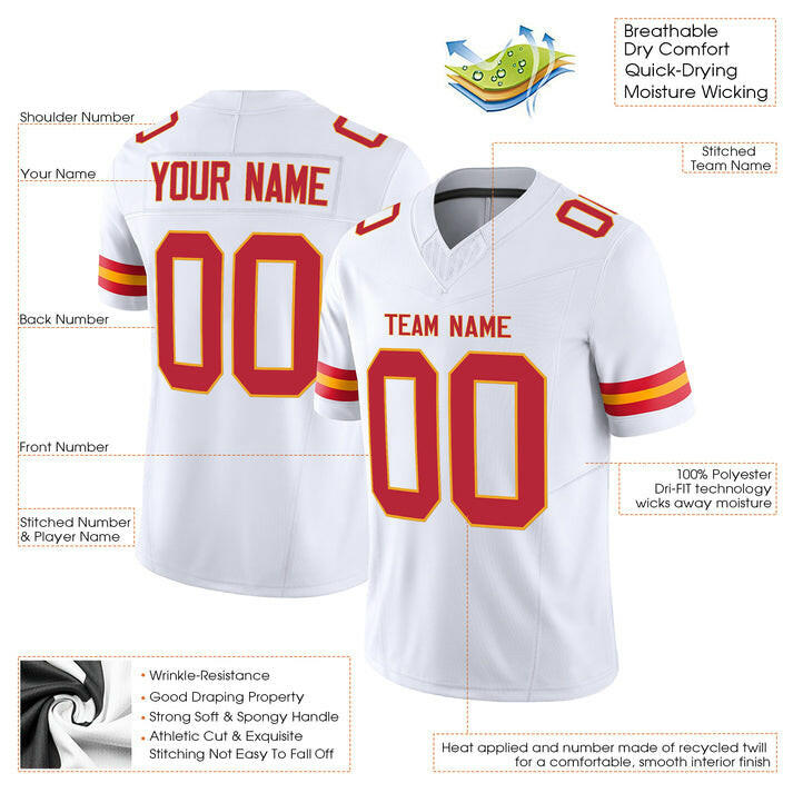 White Red-Gold Custom Football Stitched Jersey