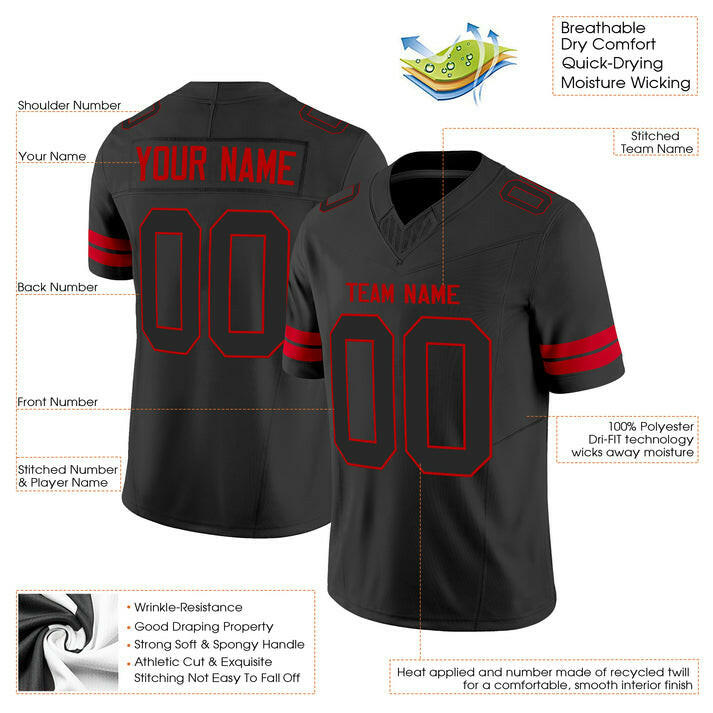 Black Black-Red Custom Football Stitched Jersey