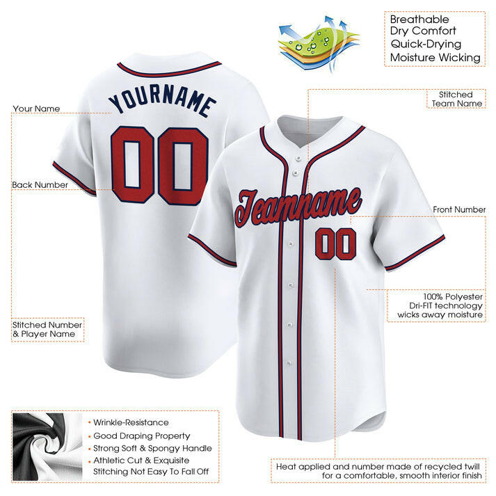 White Red - Navy Custom Baseball Stitched Jersey